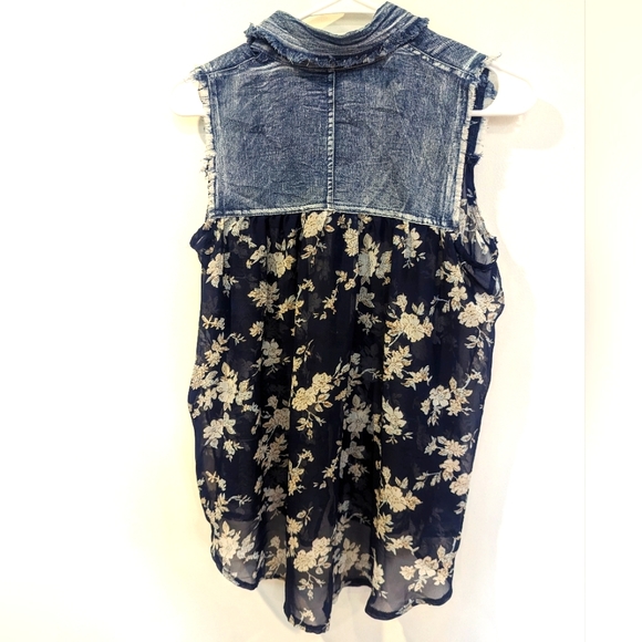 Sexy half denim top.  Small with white floral.  Very good condition - Picture 2 of 7